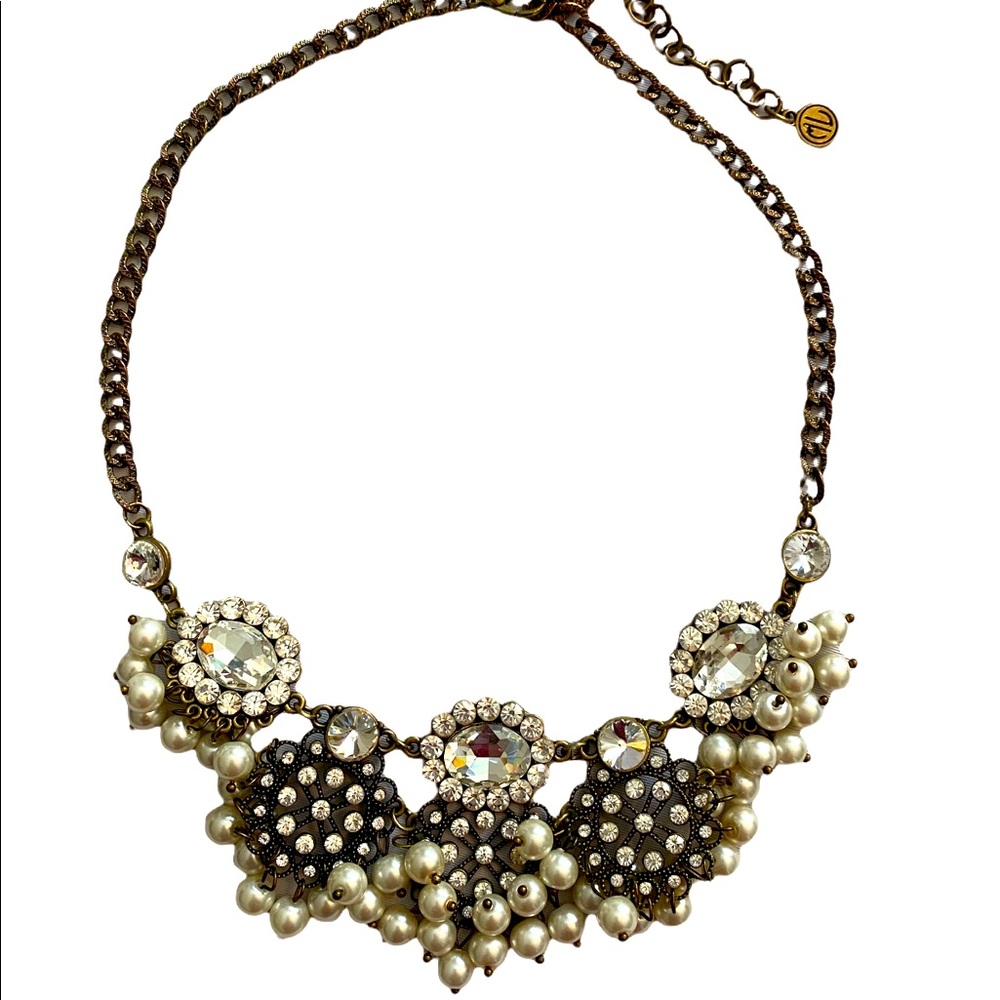 MarleyLilly Vintage Brass Gold, Rhinestone and Pearl costume necklace